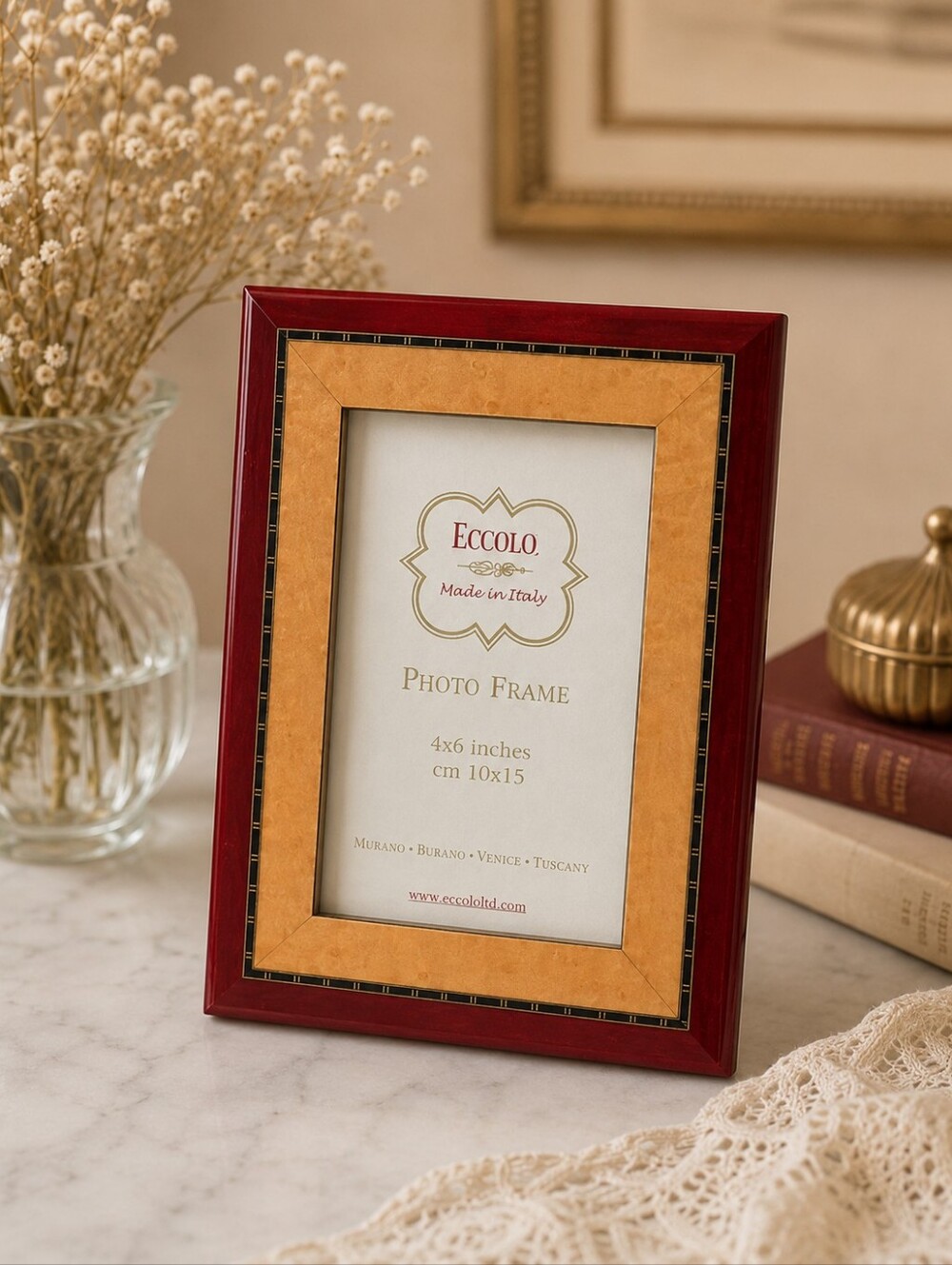 Eccolo Made in Italy 4x6 Photo‎ Frame Red Lacquer Gold Inlay Wood Desk Frame New